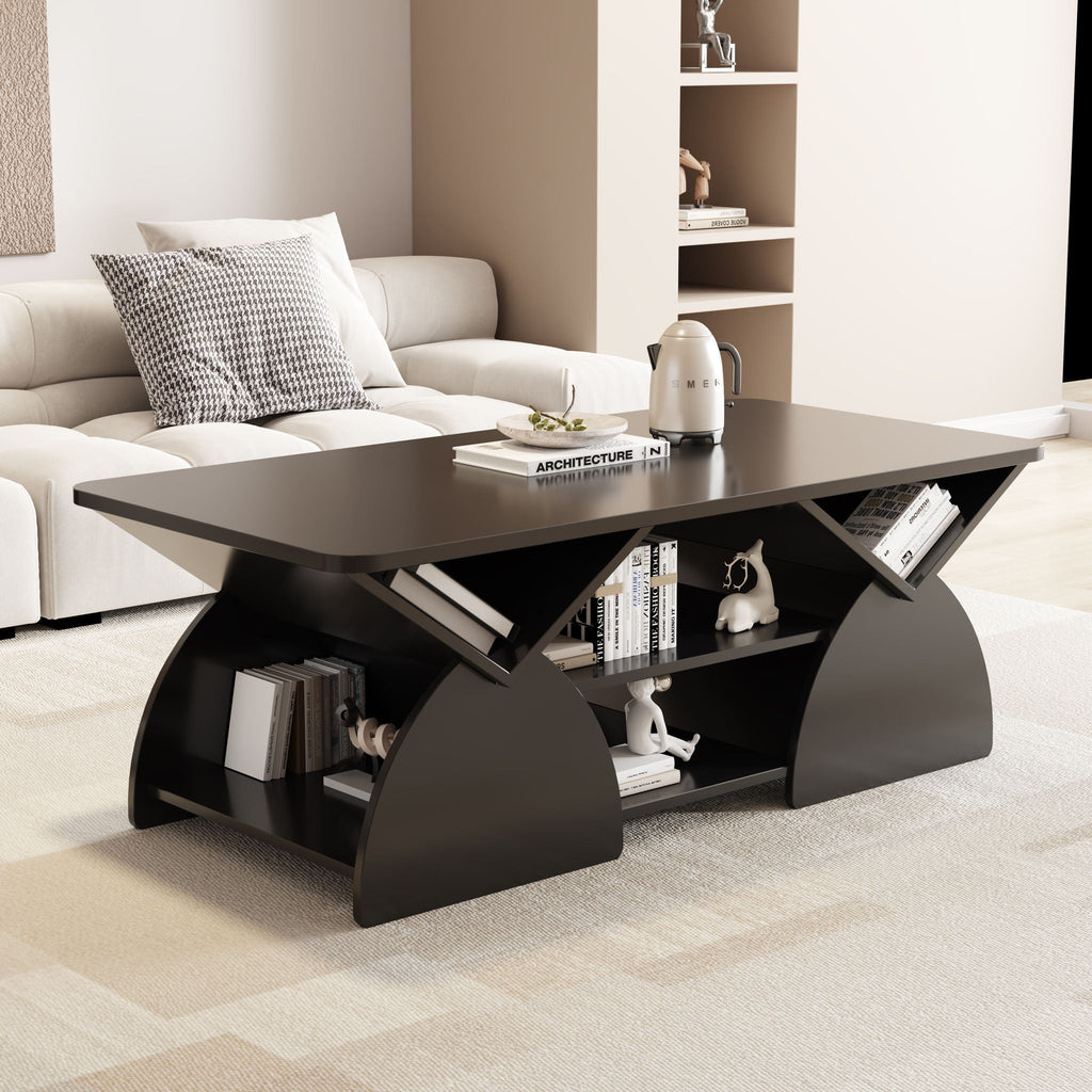 Geometric Engineered Coffee Table with Rounded Corners and Open Shelves