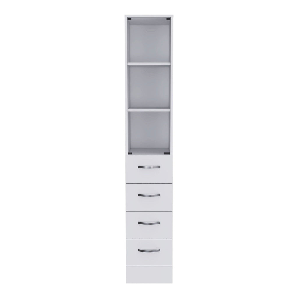 Linen Cabinet, 3 Shelves, 4 Drawers And Metal Handles - White