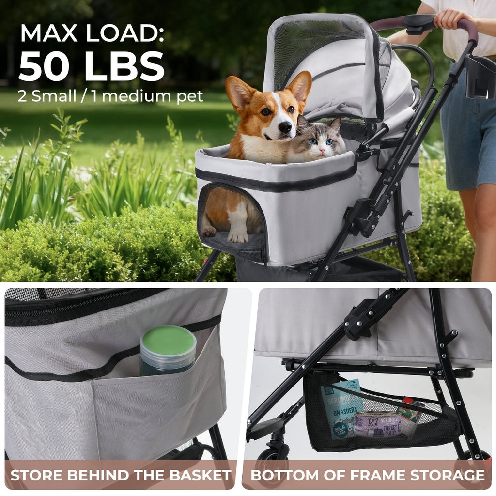 4-Wheel Foldable Pet Stroller for Dogs and Cats