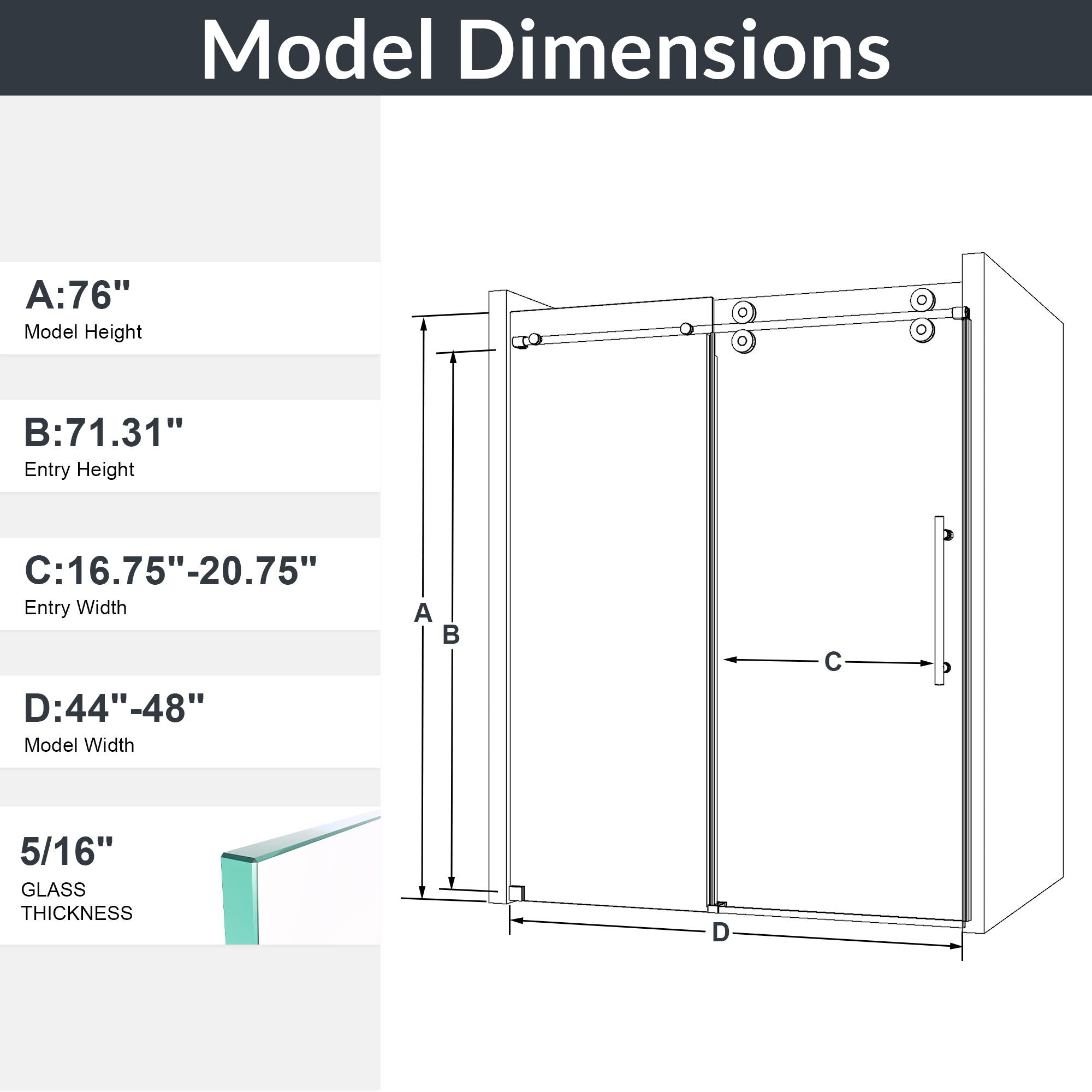 Frameless Single Sliding Shower Door With Clear Tempered Glass