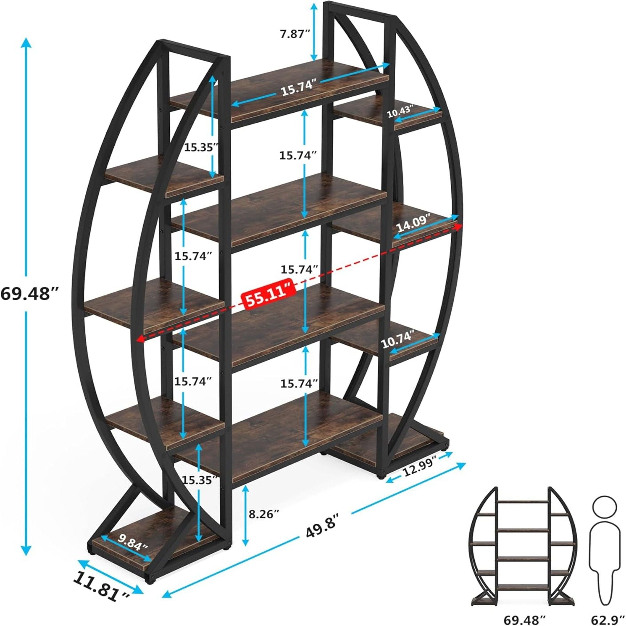 Triple Wide Oval Etagere Bookcase With Shelves For Living Room