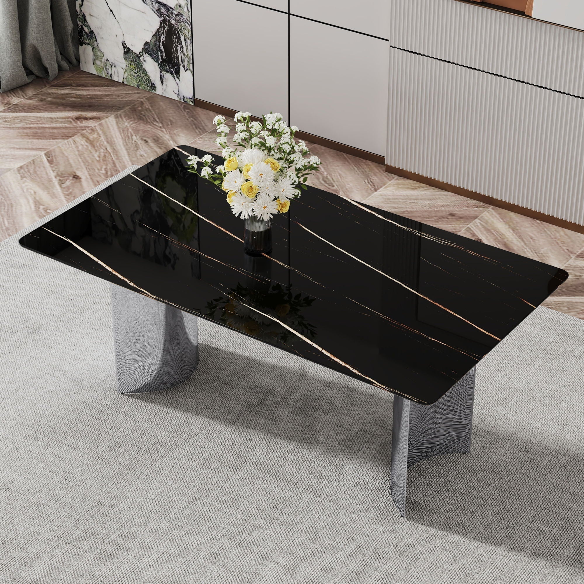 Modern Minimalist Dining Table with Imitation Marble Glass Top and Metal Legs
