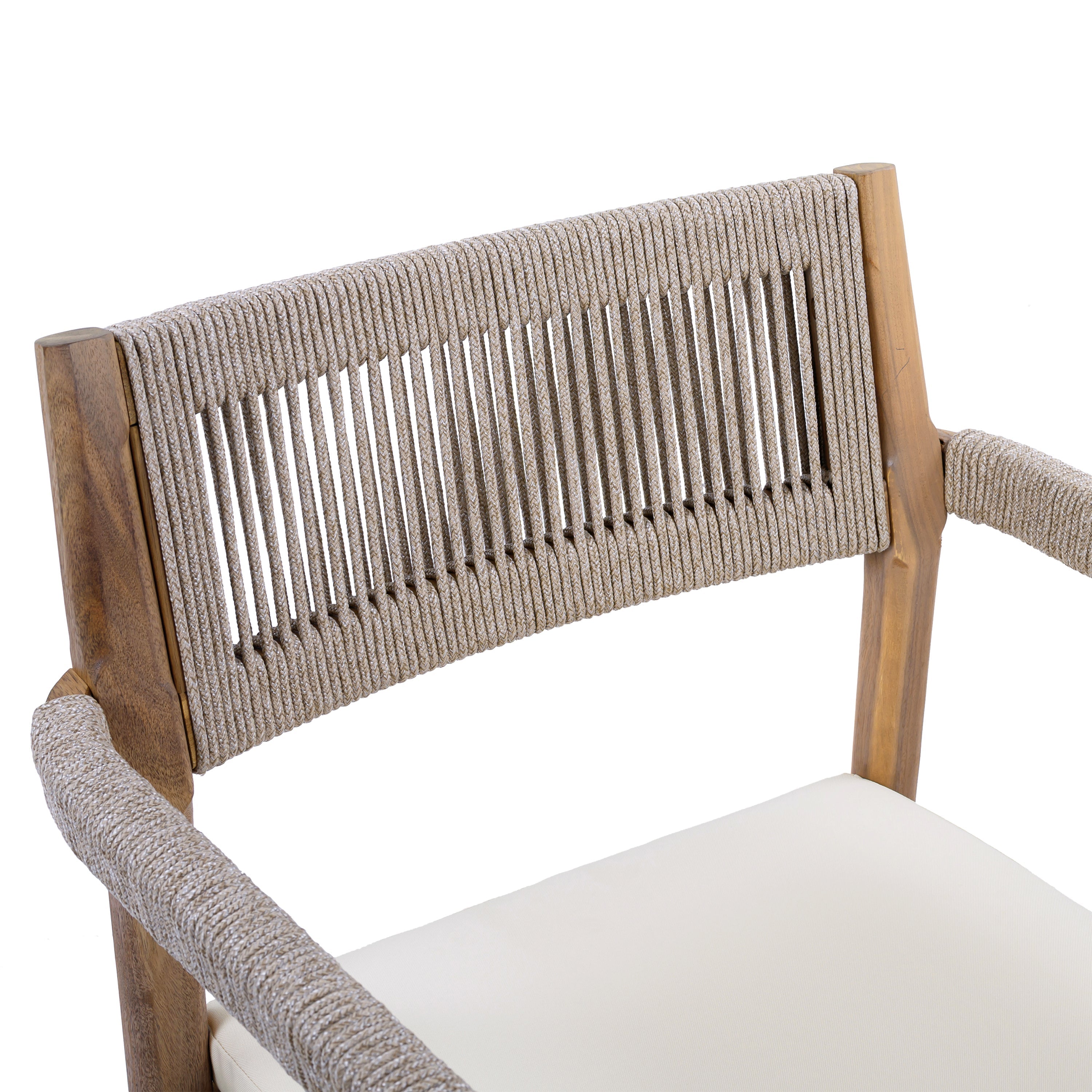 Braided Acacia Wood Outdoor Dining Chairs Set of 2 – Teak Look with Beige Rope & Cream Cushions