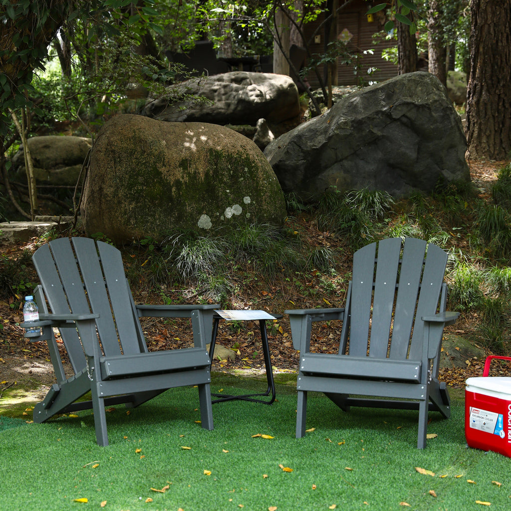 HDPE Folding Adirondack Chair with Dual Cup Holder - Gray
