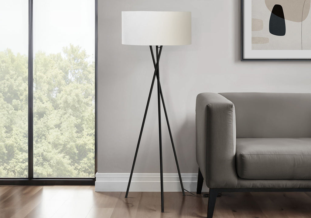 8th Street Black Metal Floor Lamp with Ivory Fabric Shade