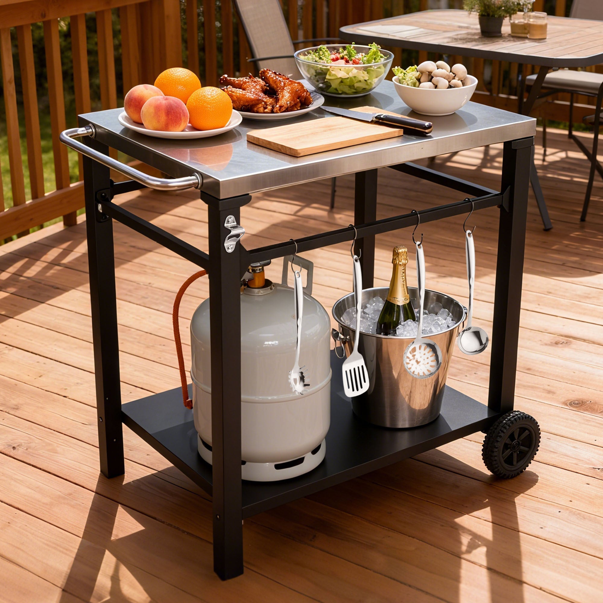 2-Tier Outdoor Grill Cart with Stainless Steel Top, Large Wheels & Tool Hooks