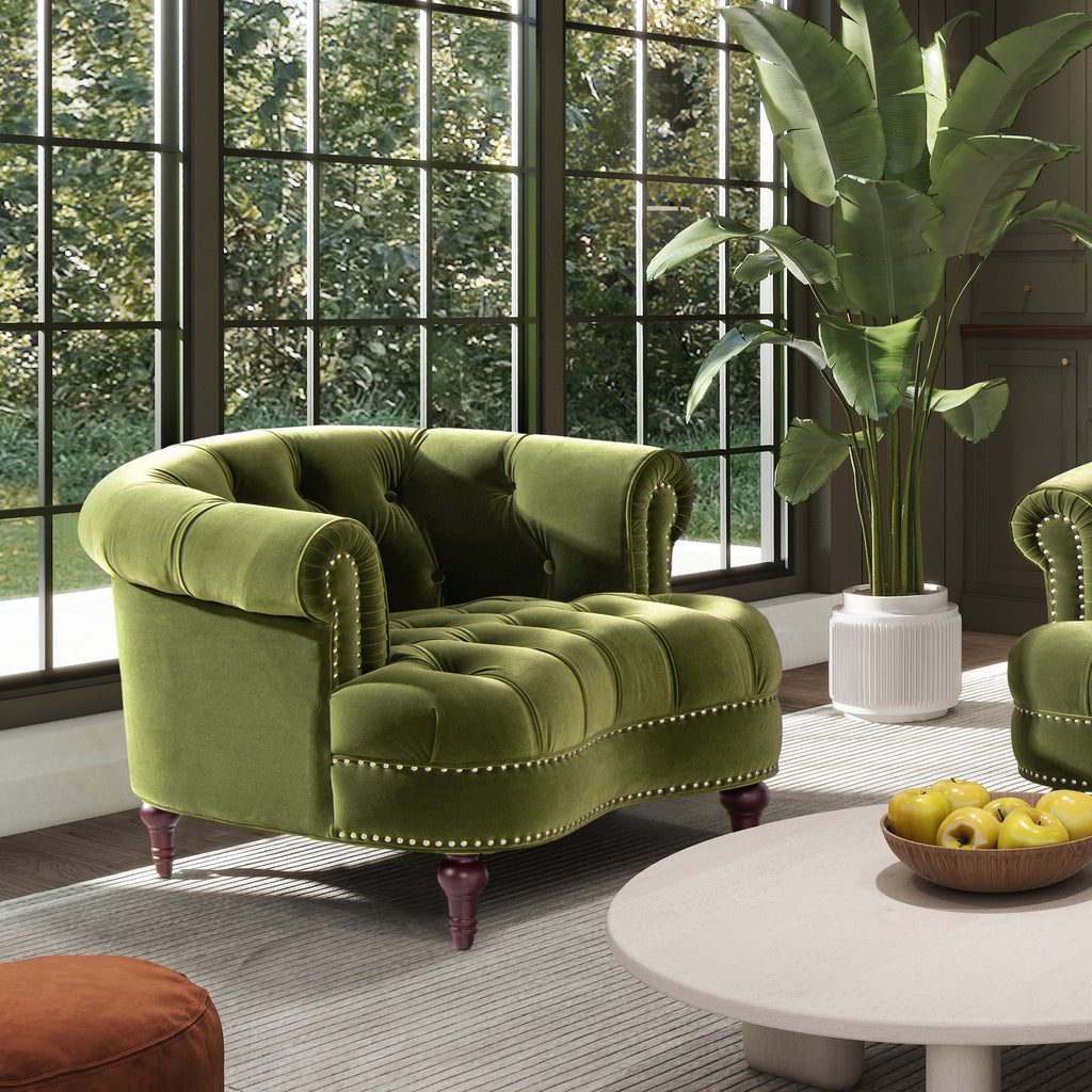 La Rosa Victorian Tufted Upholstered Accent Chair, Olive Green Performance Velvet