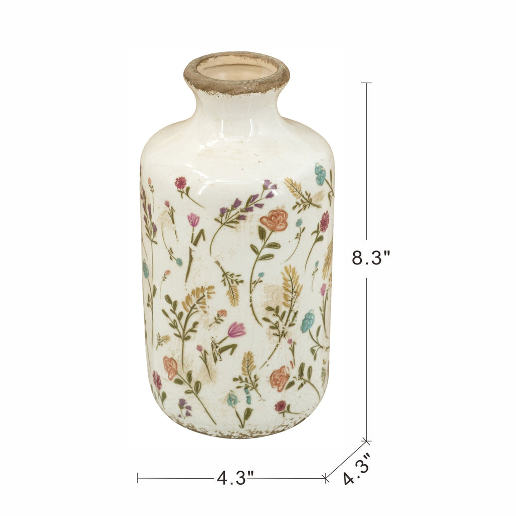 Ceramic Cylinder Vase with Multi-Colored Floral Motifs