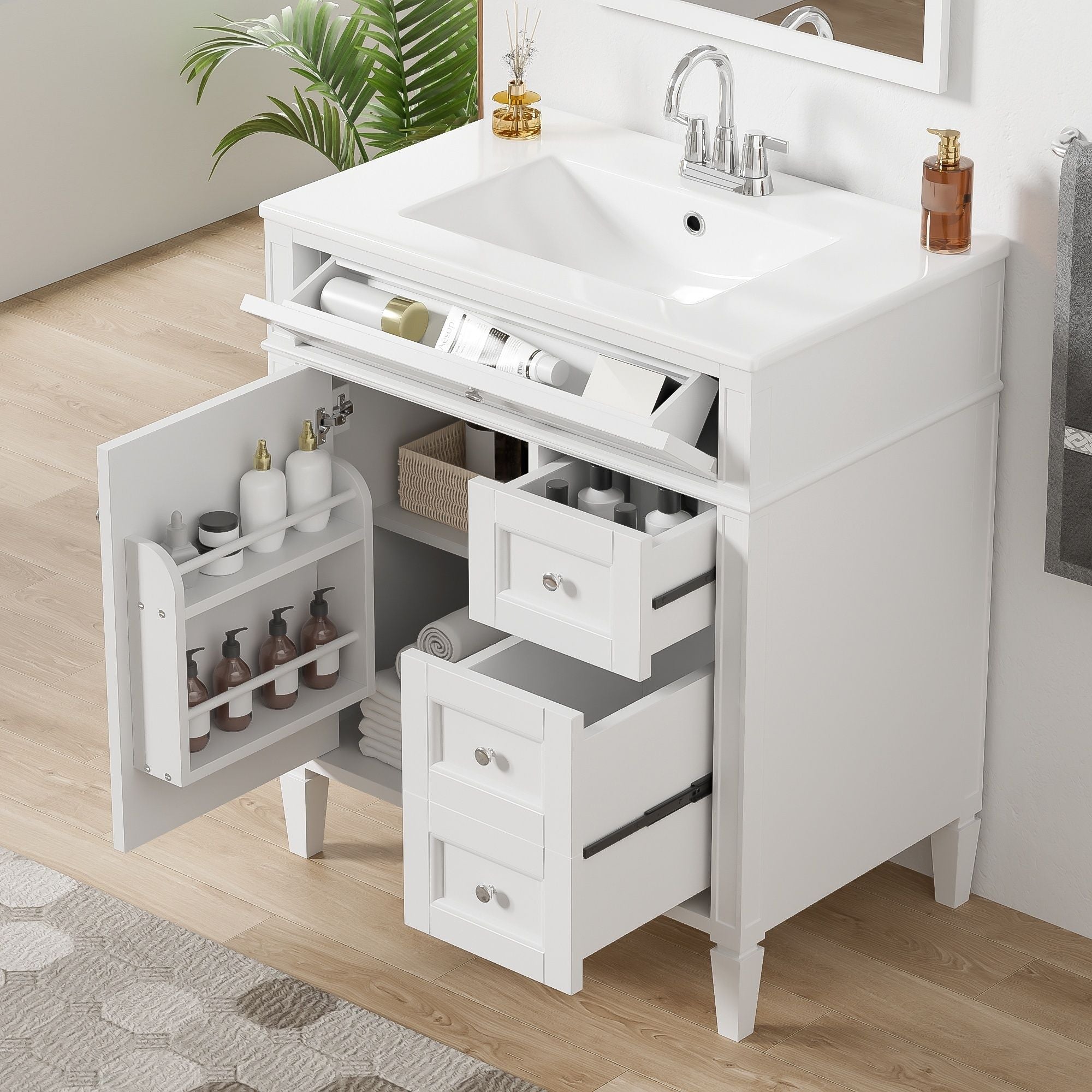 Bathroom Vanity With Top Sink, 2 Drawers & Tip Out Drawer
