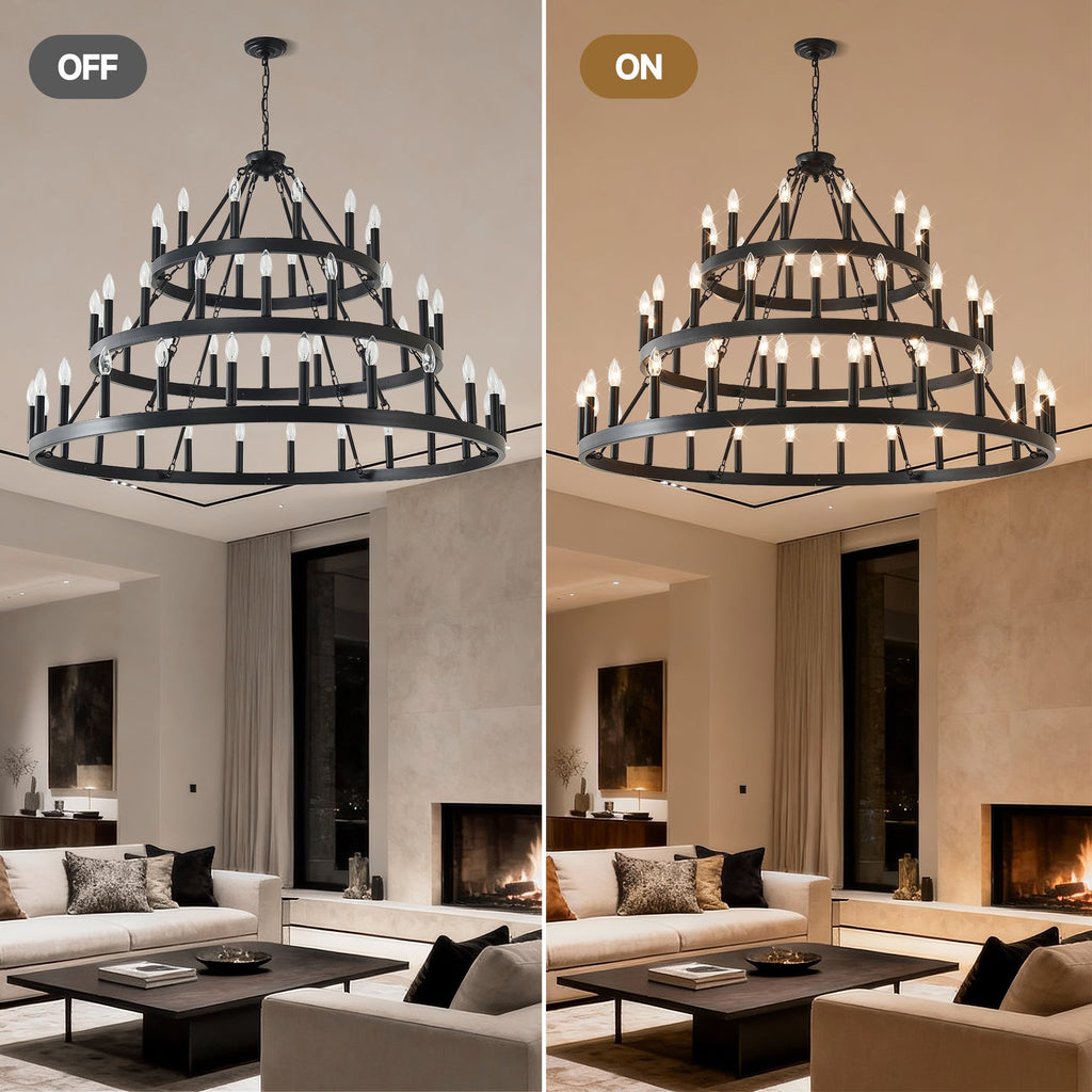 3 Tiers Wagon Wheel Chandelier - 54-Light Matte Black Metal