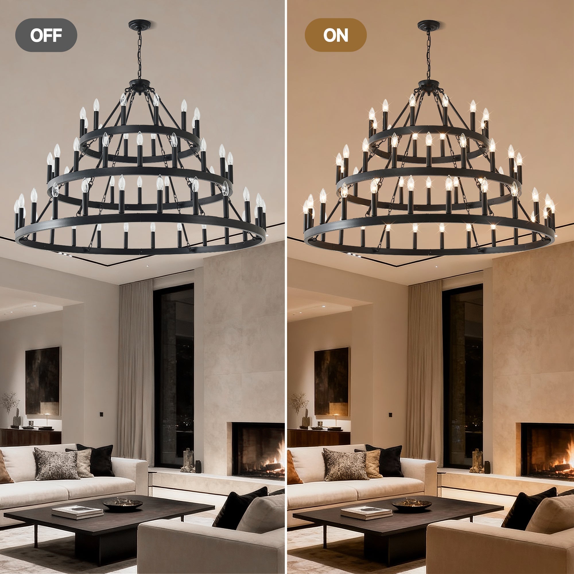 3 Tiers Wagon Wheel Chandelier - 54-Light Matte Black Metal