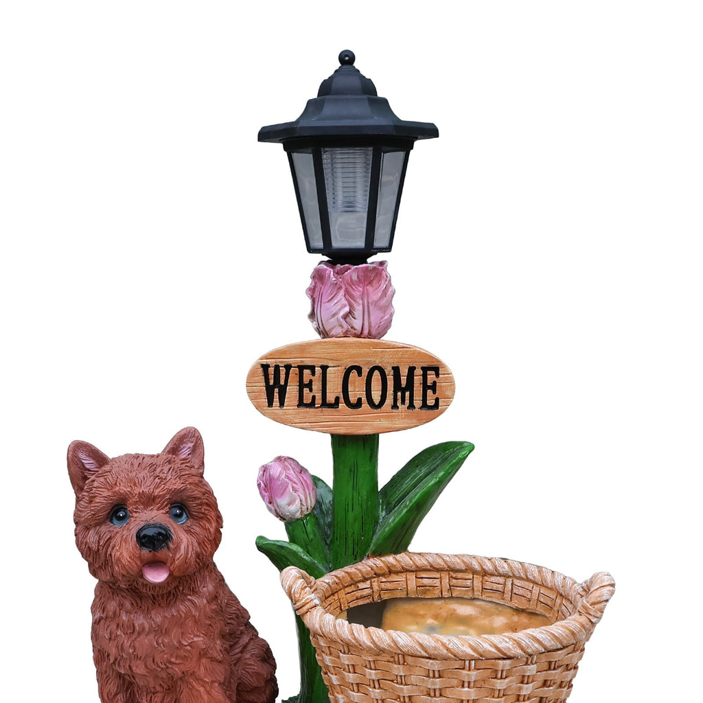 Sitting Puppy Solar Planter Outdoor Statue