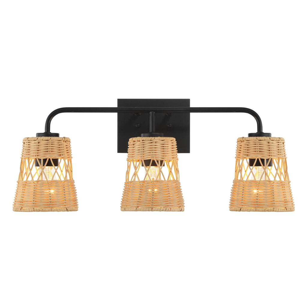 Moonlit - 3 Lights Wall Sconce With Shade, Bathroom Lighting Fixtures Over Mirror - Black / Rattan