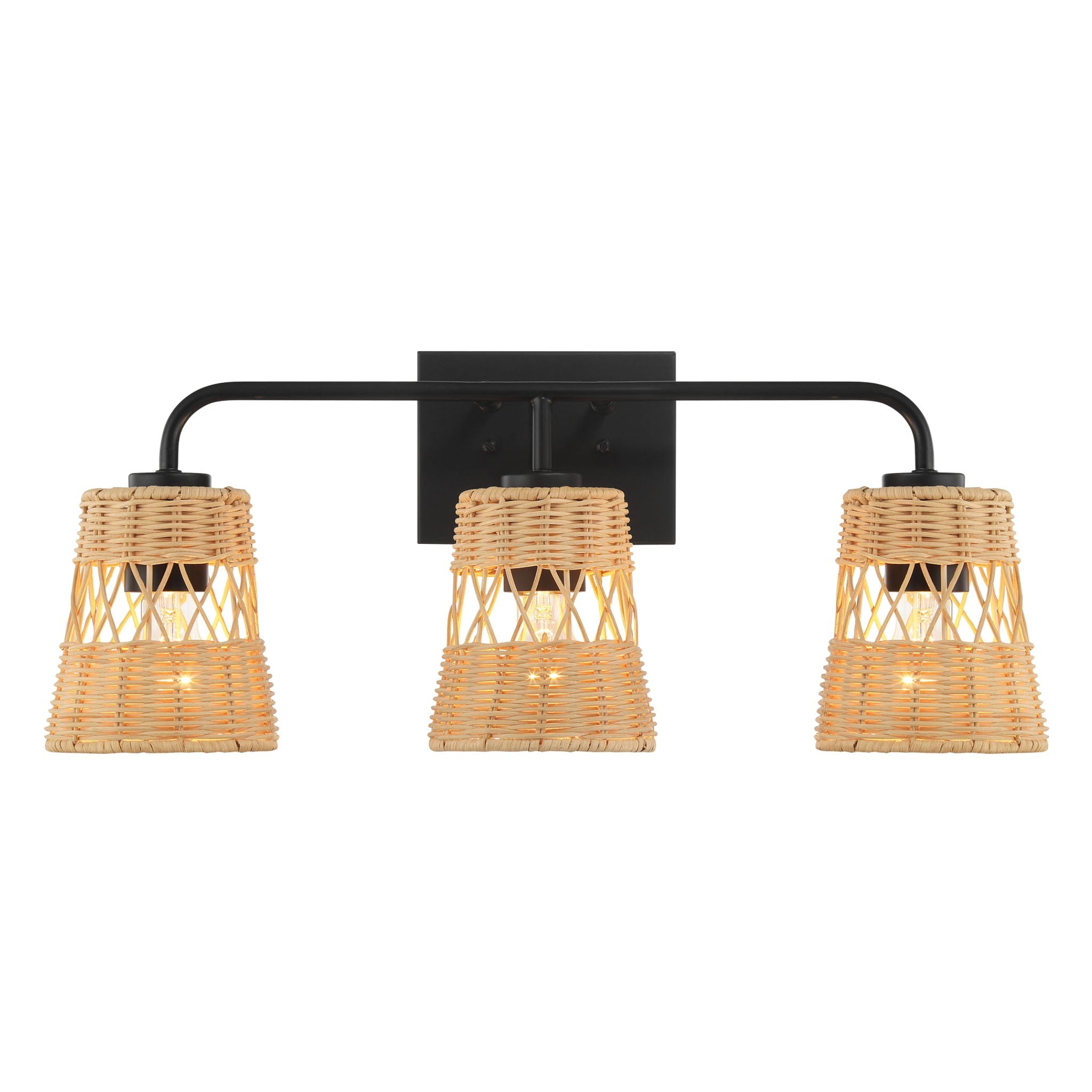 Moonlit - 3 Lights Wall Sconce With Shade, Bathroom Lighting Fixtures Over Mirror - Black / Rattan