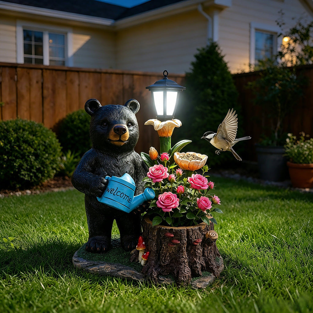 Standing Black Bear Garden Planter with Decorative Solar Lantern