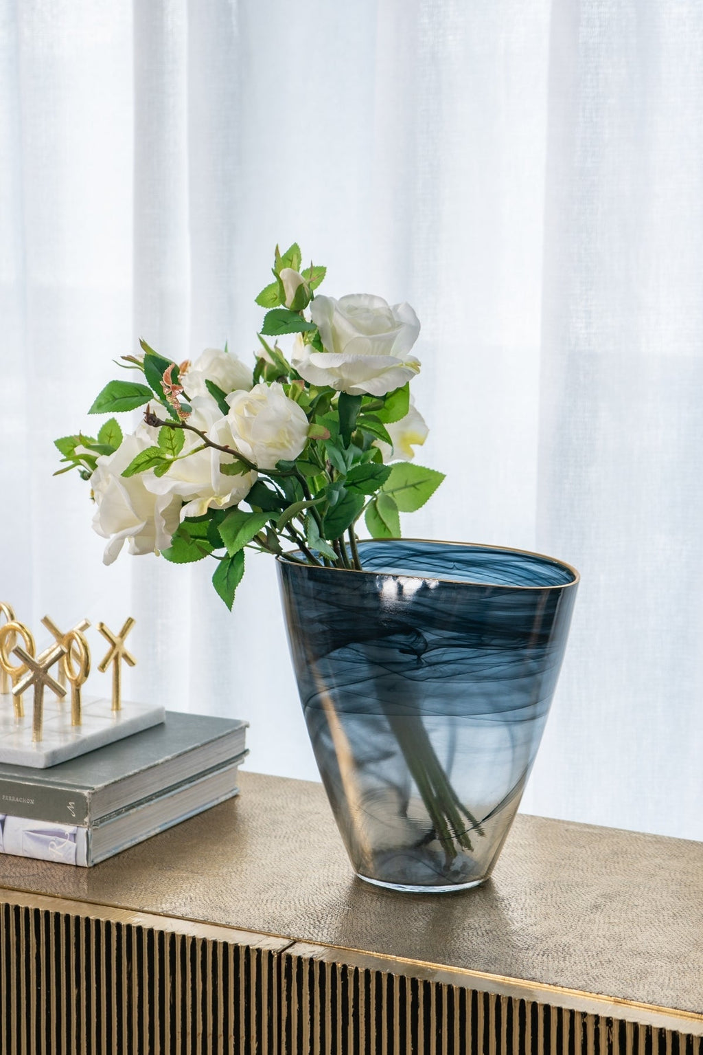 9.3x4.7x9.3' Smokey Black Glass Vase with Gold Rim