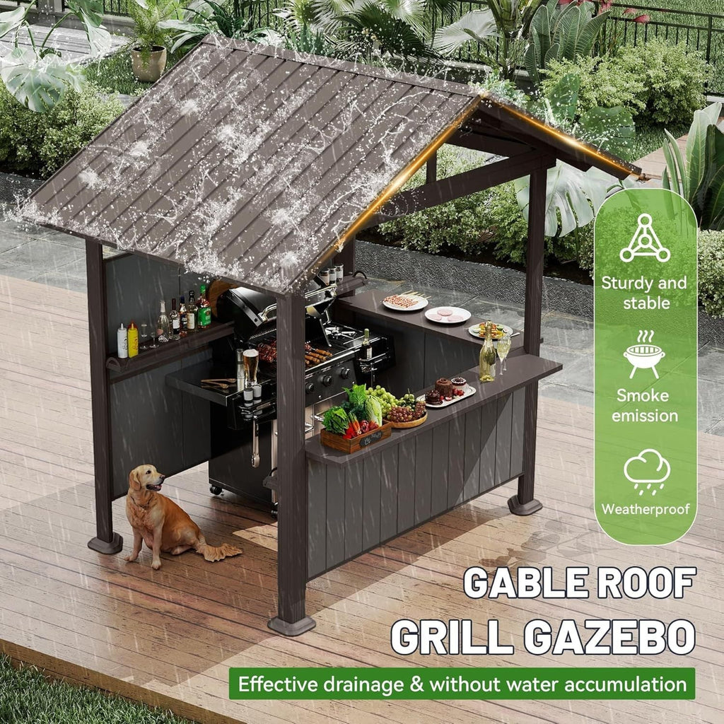 9.4x6.2 FT Hardtop Grill Gazebo with Storage Shelves & Resin Shade System