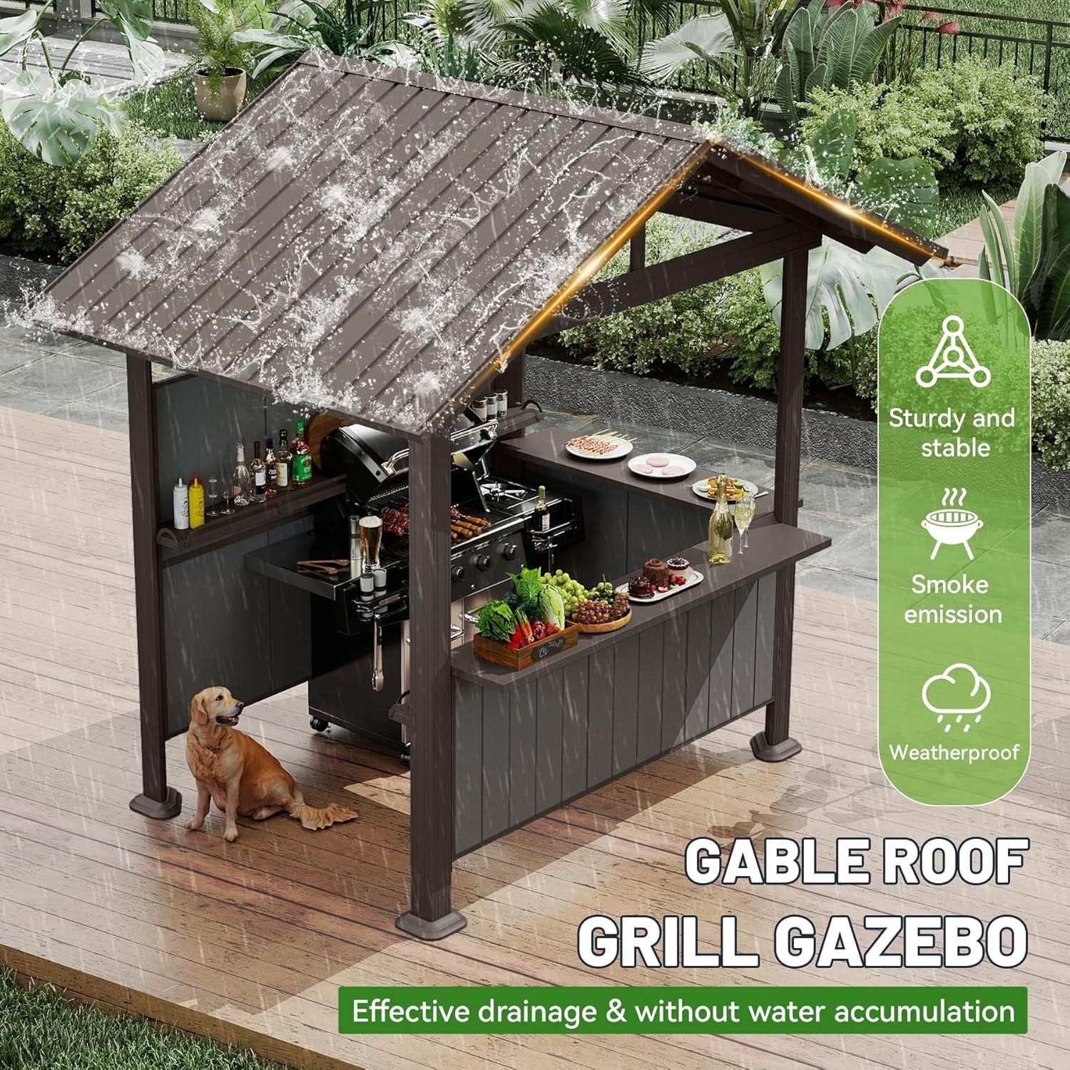 9.4x6.2 FT Hardtop Grill Gazebo with Storage Shelves & Resin Shade System