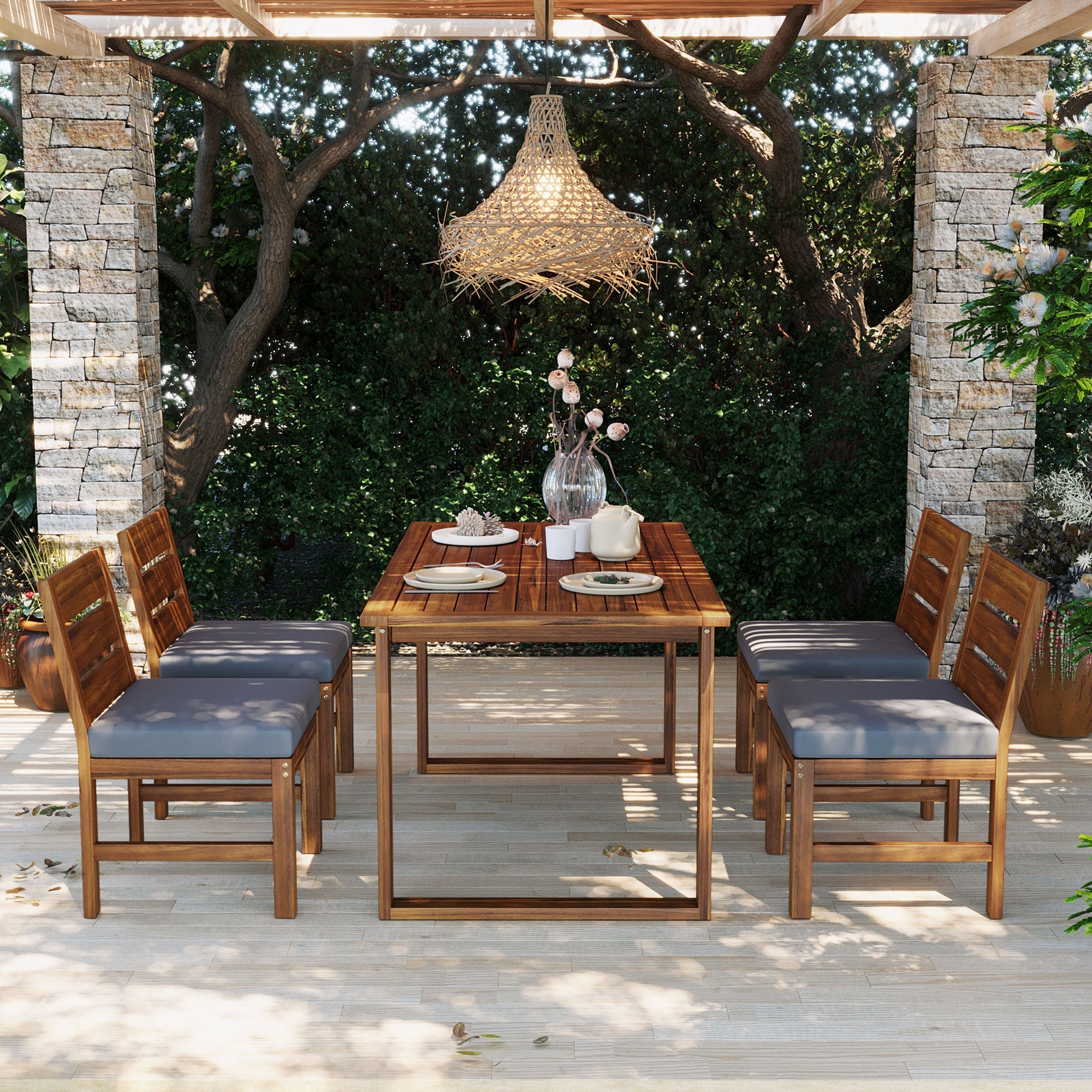U_STYLE Farmhouse 5-Piece Outdoor Patio Dining Set with Adjustable Legs