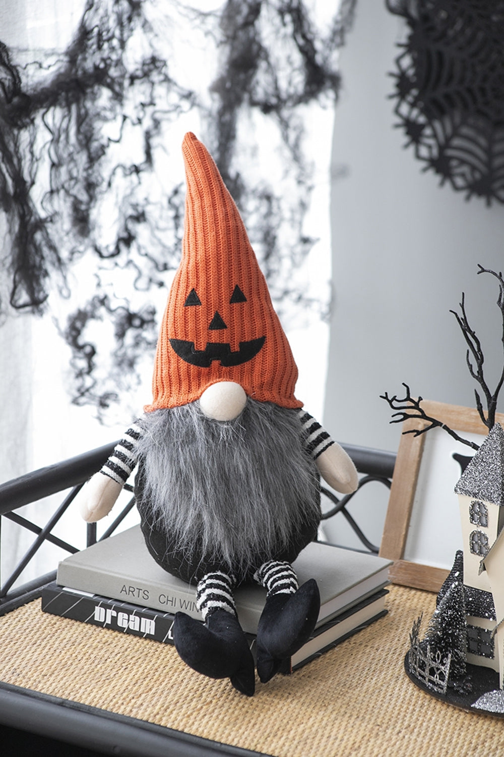 23.5" Seated Jack-O'-Lantern Gnome With Striped Limbs and Faux Fur Beard