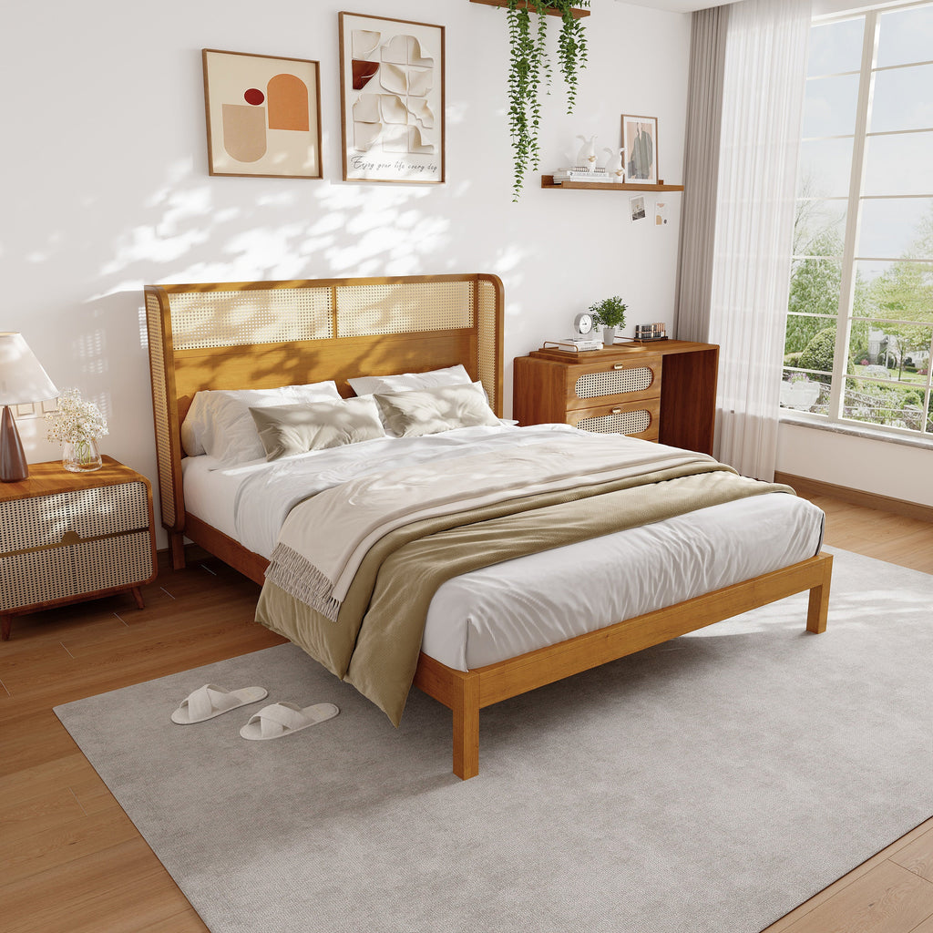 Premium Rubber Wood Platform Queen Bed Frame with Headboard