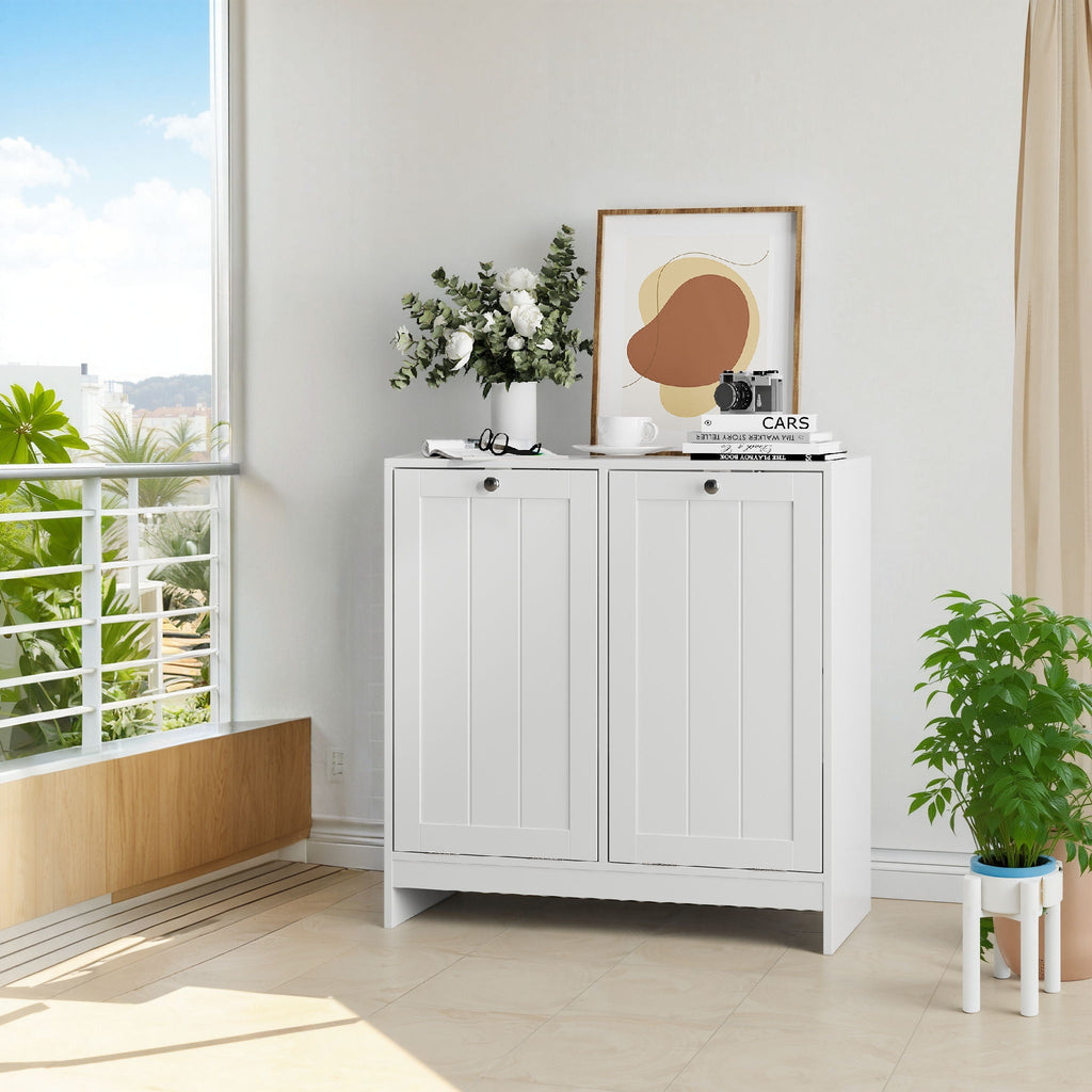 Tilted Laundry Hamper With Removable Basket, Hidden Storage Cabinet, Home Organizer For Bathroom - White