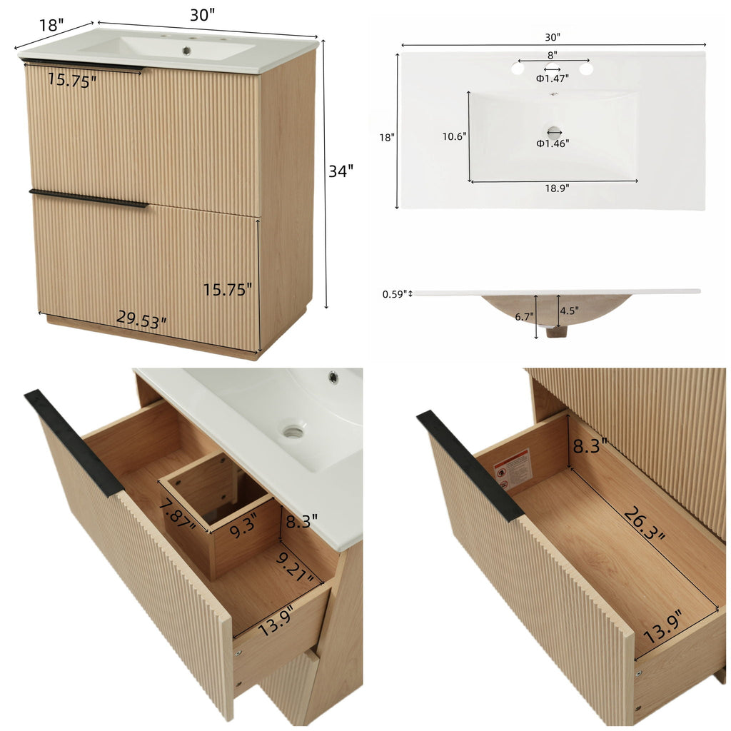 Fluted Bathroom Vanity With Ceramic Sink and Soft-Close Slides