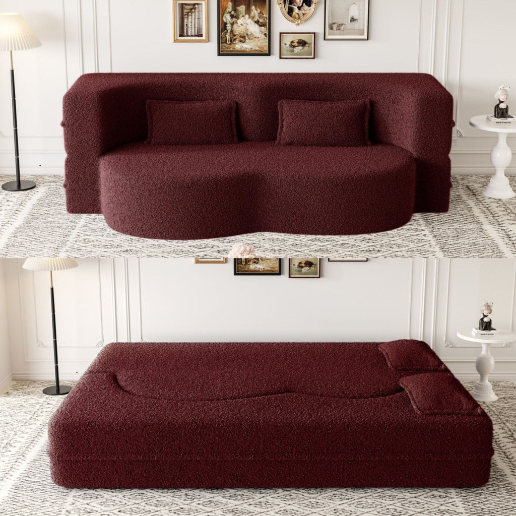 Modern Floor Sofa With Two Pillows Convertible Teddy Fabric Foam Filled Bed