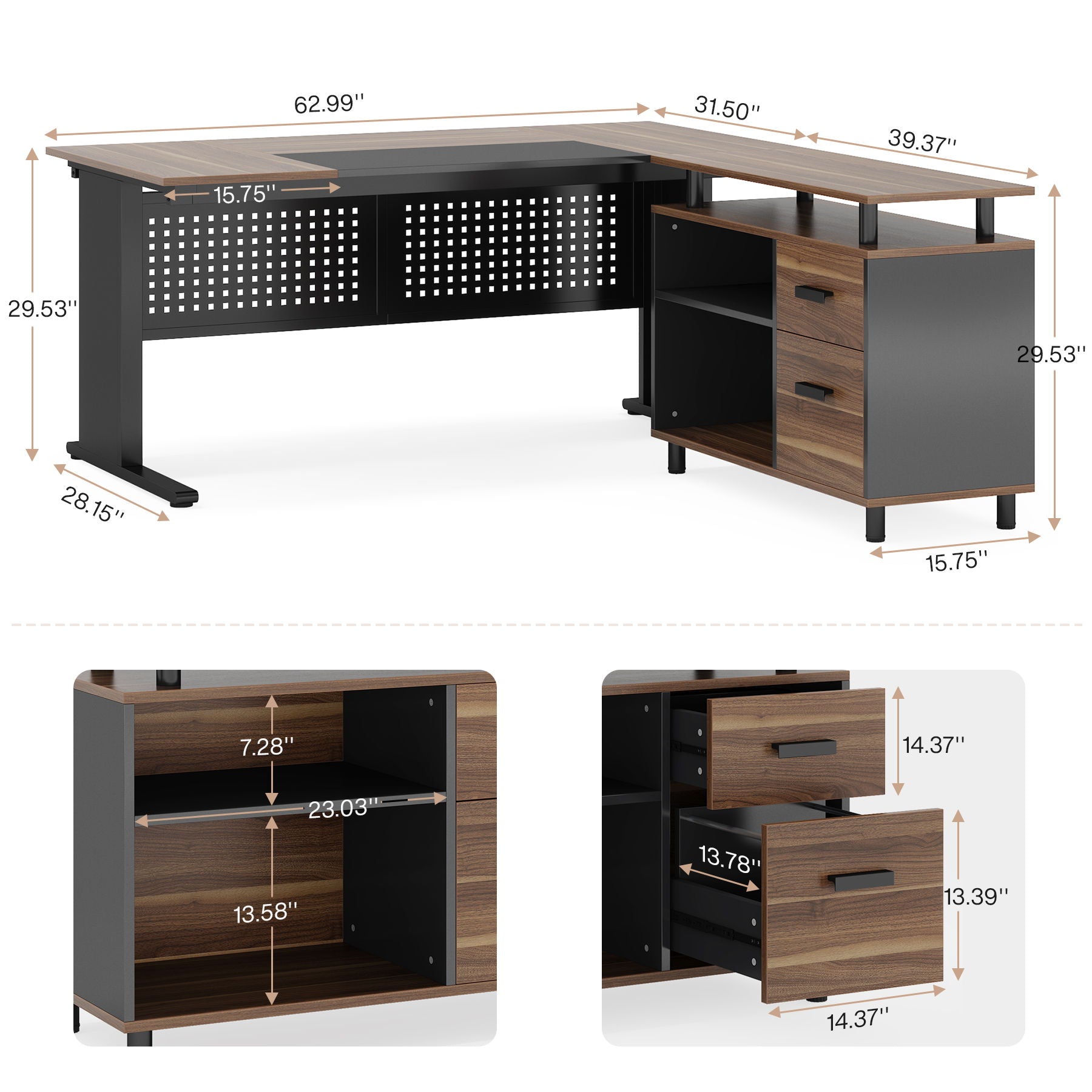 L-Shaped Executive Desk With File Cabinet, Office Workstation With Drawers, Shelves & Storage