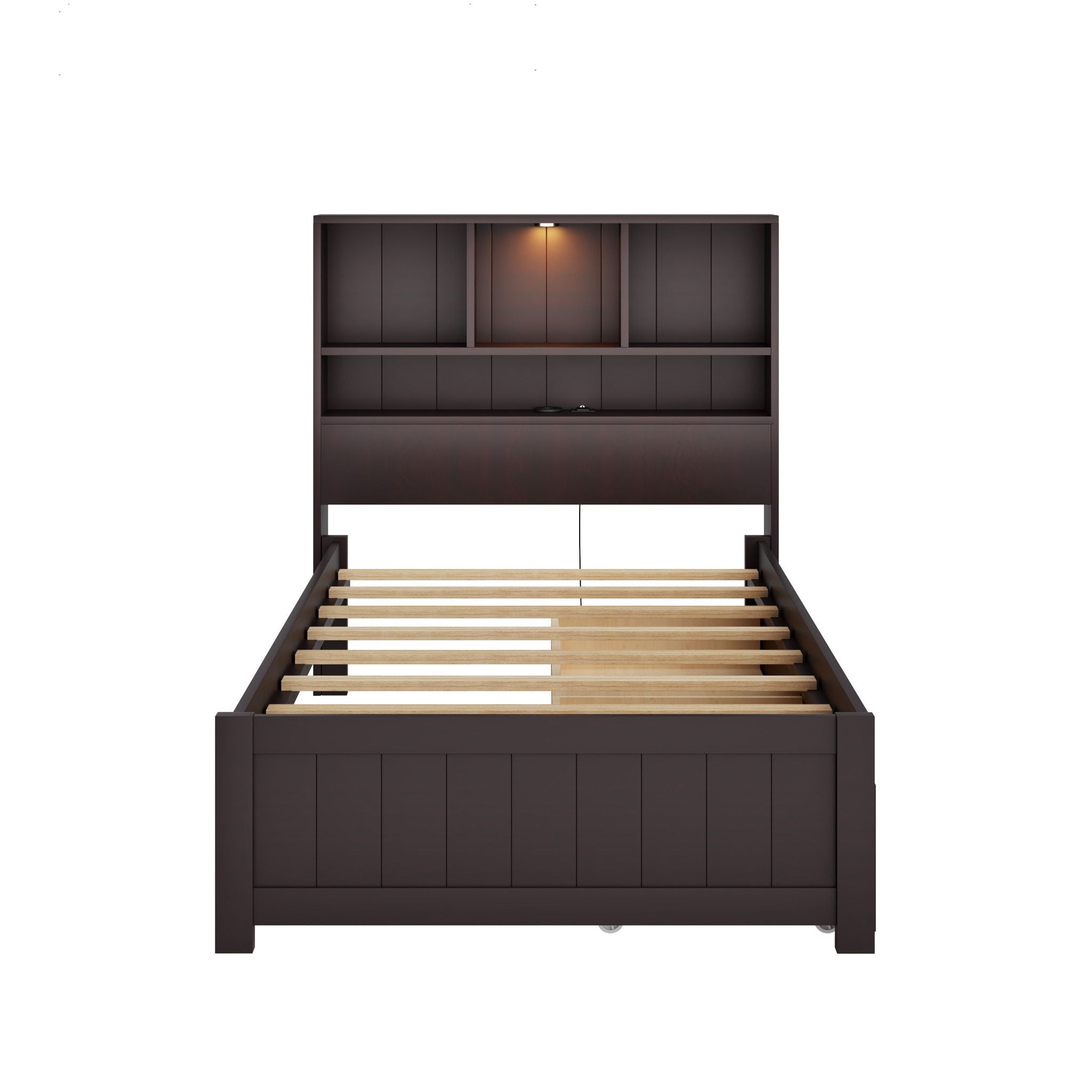 Platform Bed With Bookcase Headboard, Built-In Downlight, Charging Station, And 2 Side Drawers