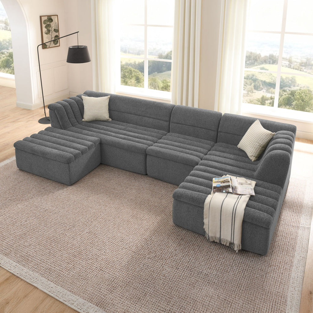 U-Shaped Modular Sectional Sofa With Chaise And Movable Ottoman With Wave-Shaped Armrest