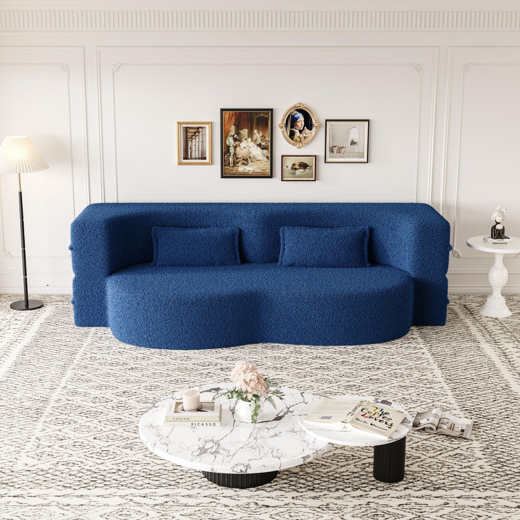 Modern Floor Sofa With Two Pillows Convertible Teddy Fabric Foam Filled Bed