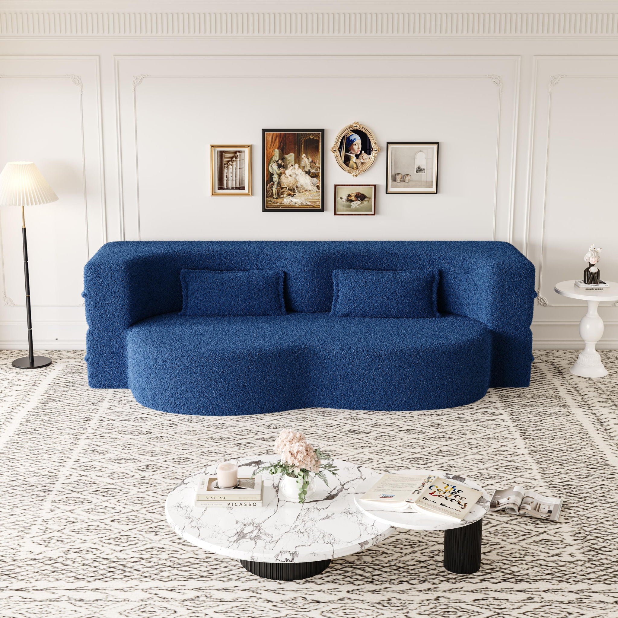 Modern Floor Sofa With Two Pillows Convertible Teddy Fabric Foam Filled Bed