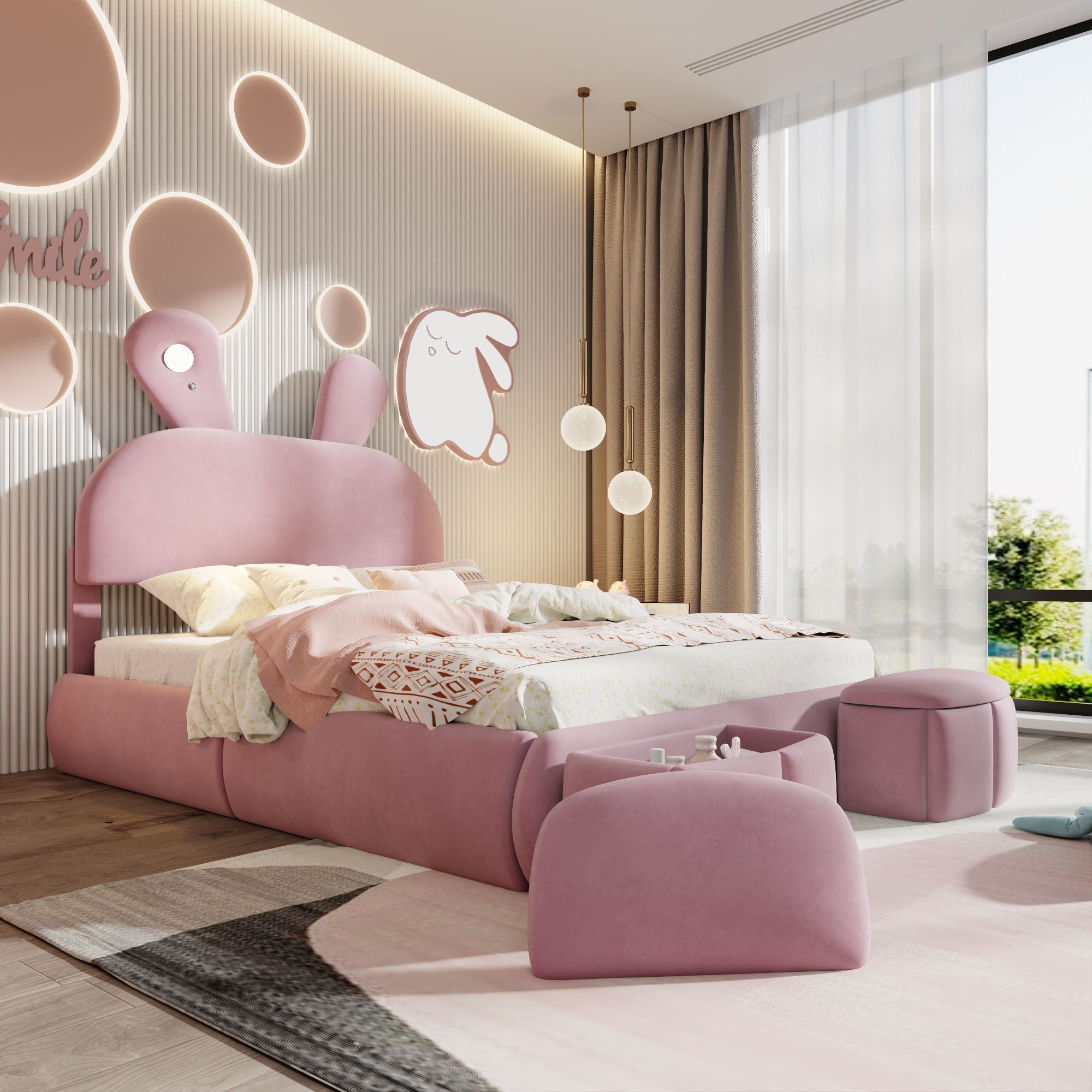Full Upholstered Platform Bed With Cartoon Ears Headboard And LED Light - Pink
