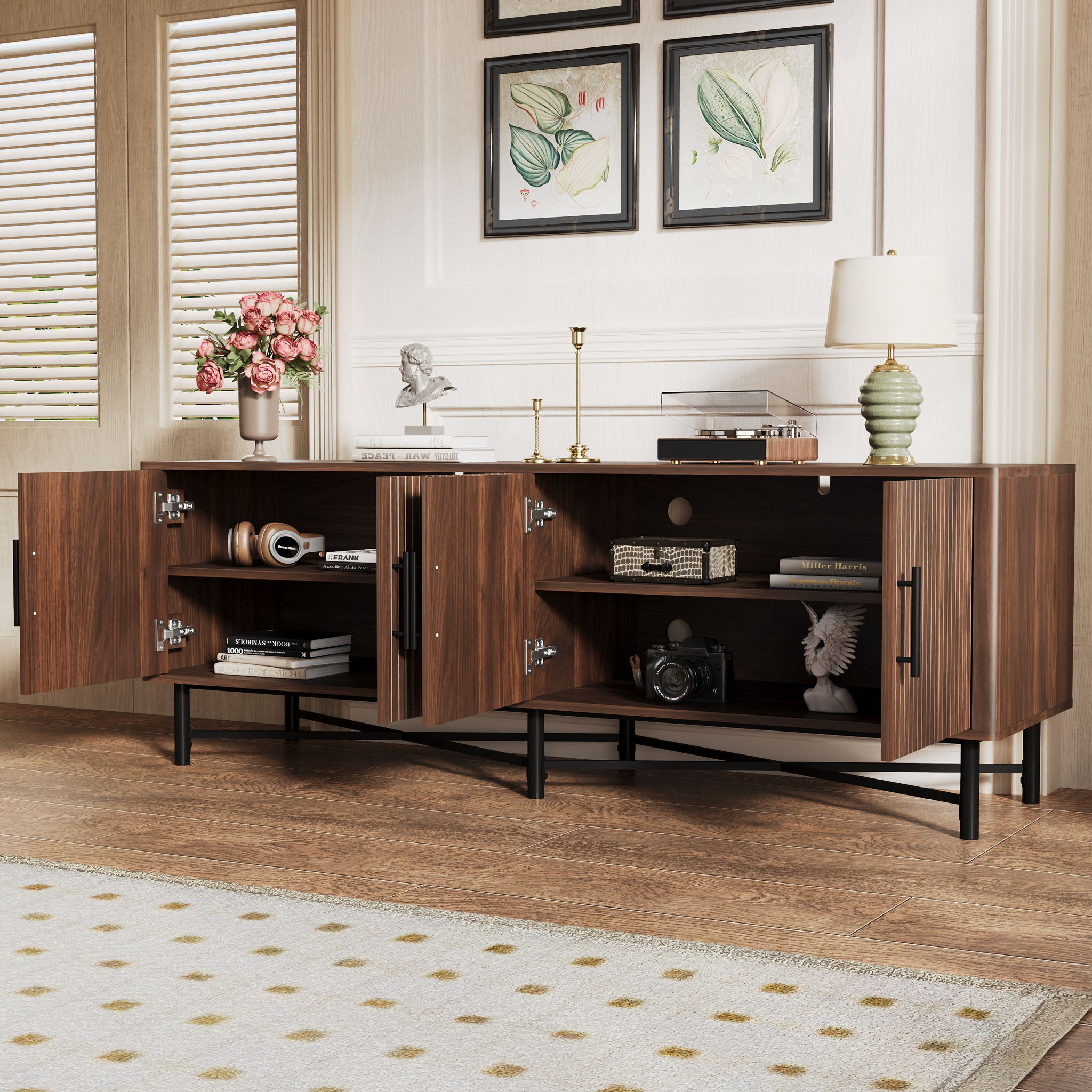 4 Door TV Cabinet with Adjustable Shelves and Storage Spaces
