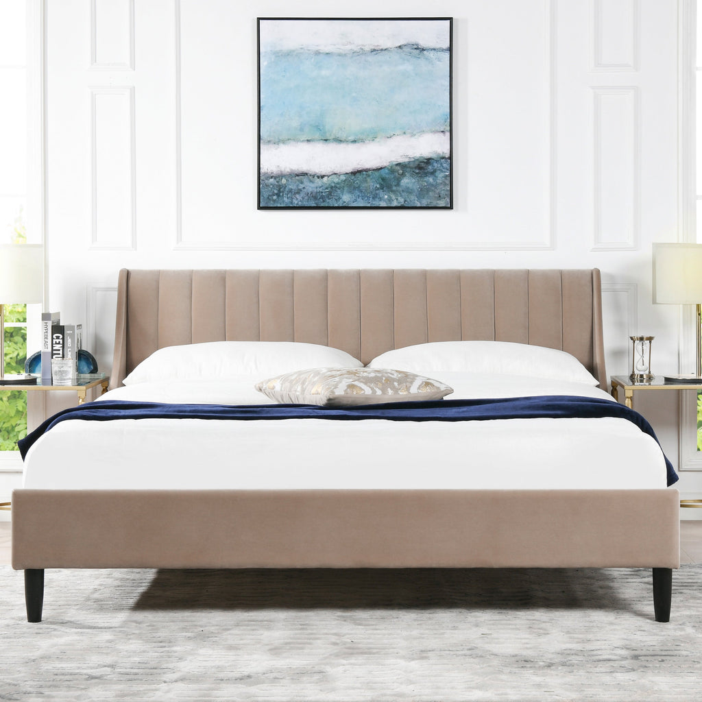 Aspen Vertical Tufted Headboard Platform Bed Set, King, Mink Beige Performance Velvet