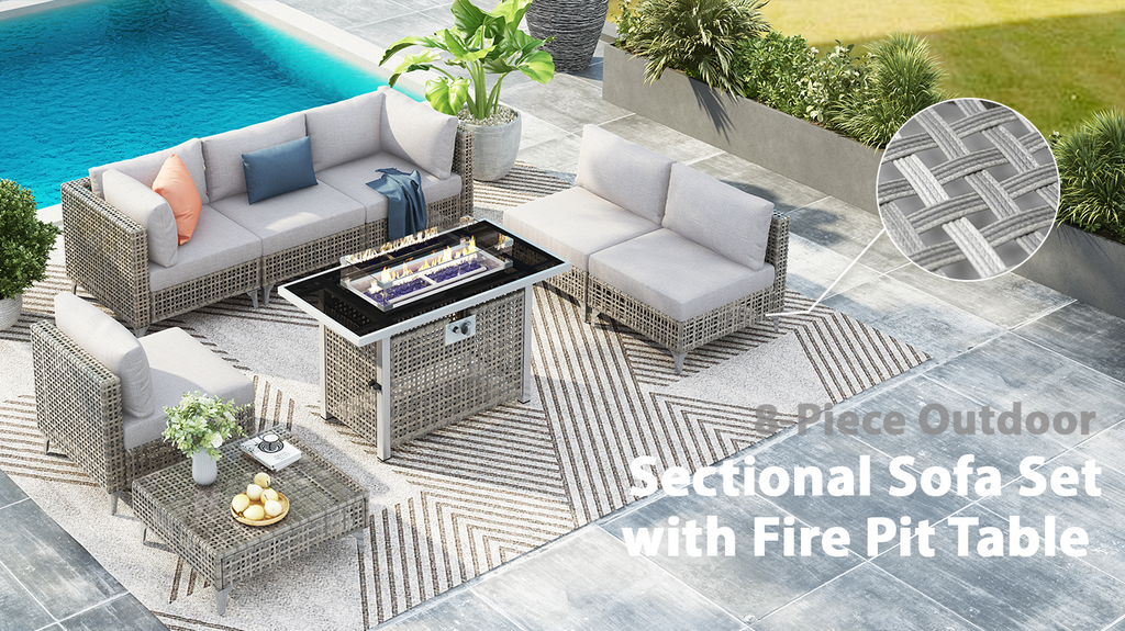 K&K Patio 8-Piece Patio Furniture Set with 43" Fire Pit Table