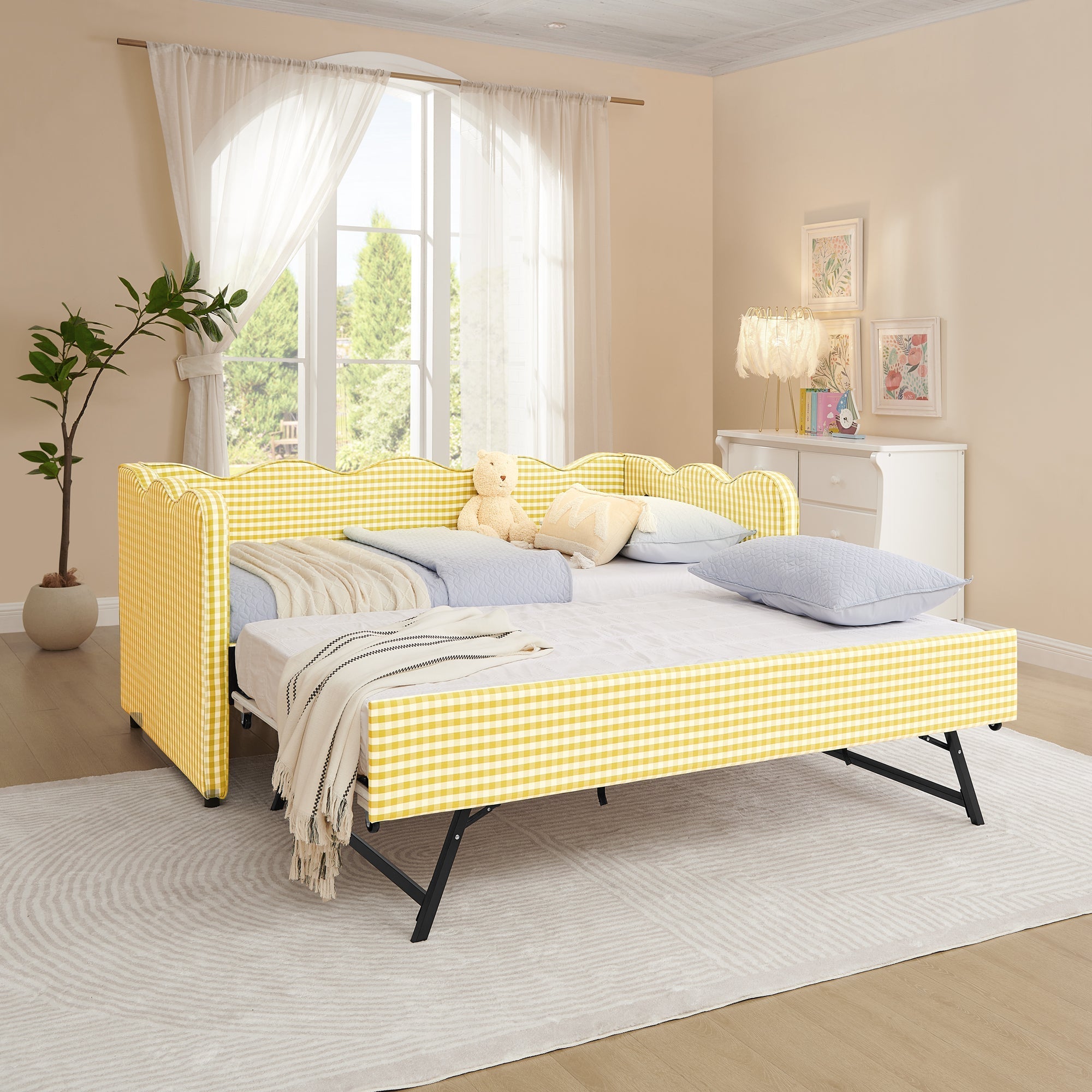 Cozy Gingham Daybed with Trundle Twin Size Sofa Bed