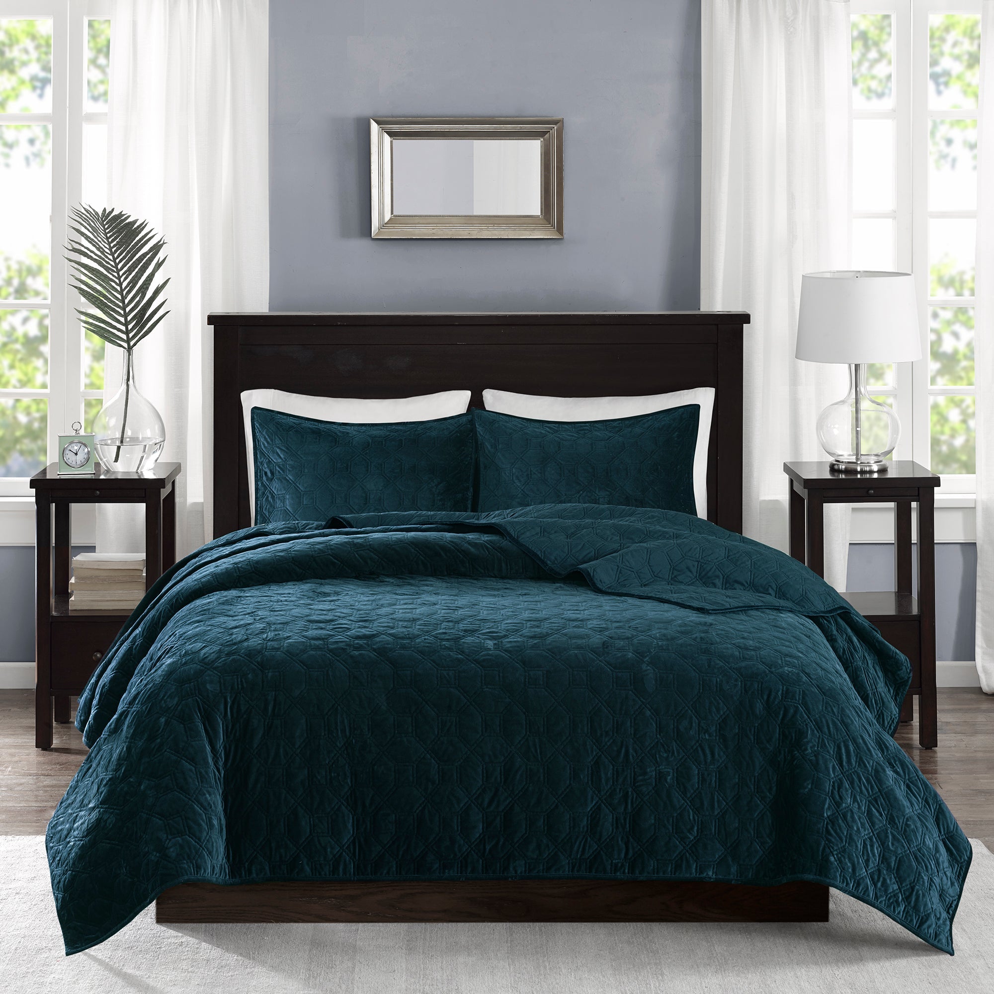 3 Piece Velvet Quilt Set Teal Full/Queen