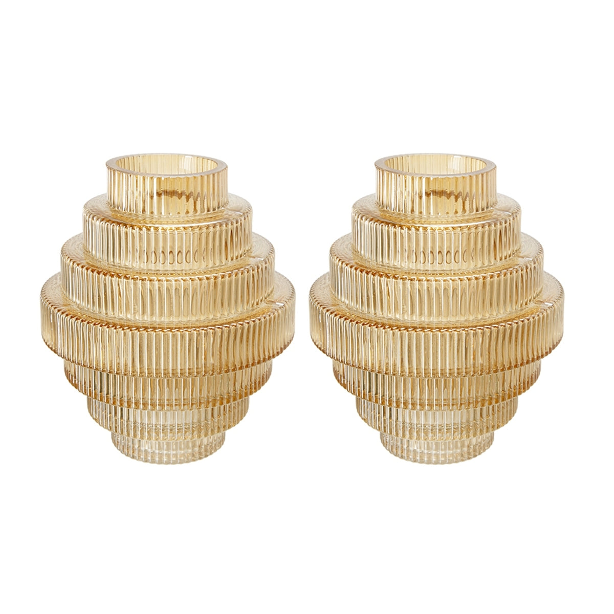 D5.9x6.7' Tiered Geometric Amber Luster Clear Vase, Set of 2