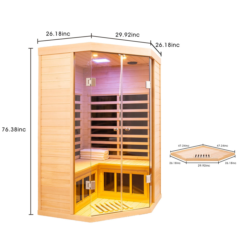 Deluxe Hemlock Far Infrared Corner Sauna Room with Glass Front for Two Persons