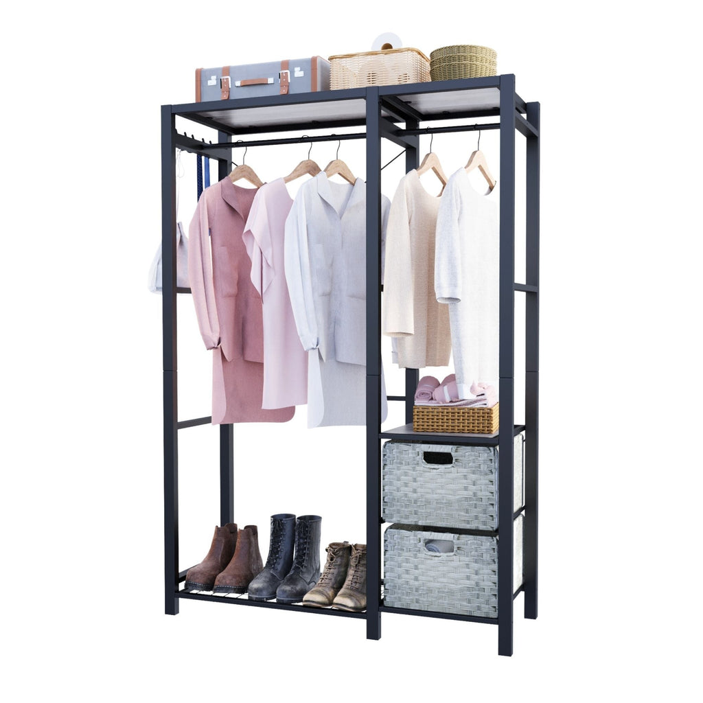 Garment Rack With Shelves, 2 Wicker Drawers, 4 Hooks Organizer