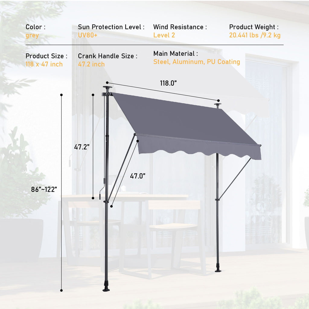 Manual Retractable Patio Awning With UV Resistant Sun Shade