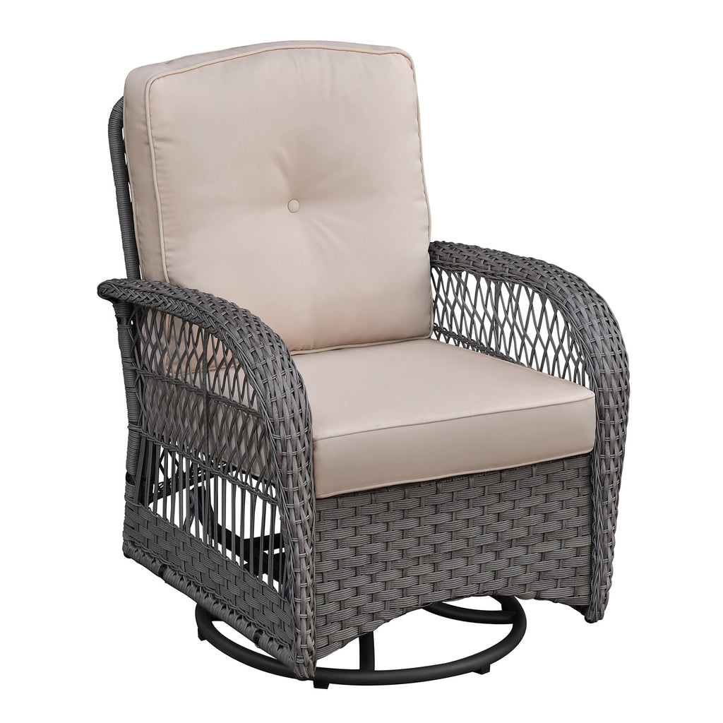 3 Pieces Conversation Set, Outdoor Wicker Rocker Swivel Patio Bistro Set, Rocking Chair with Glass Top Side Table, Grey