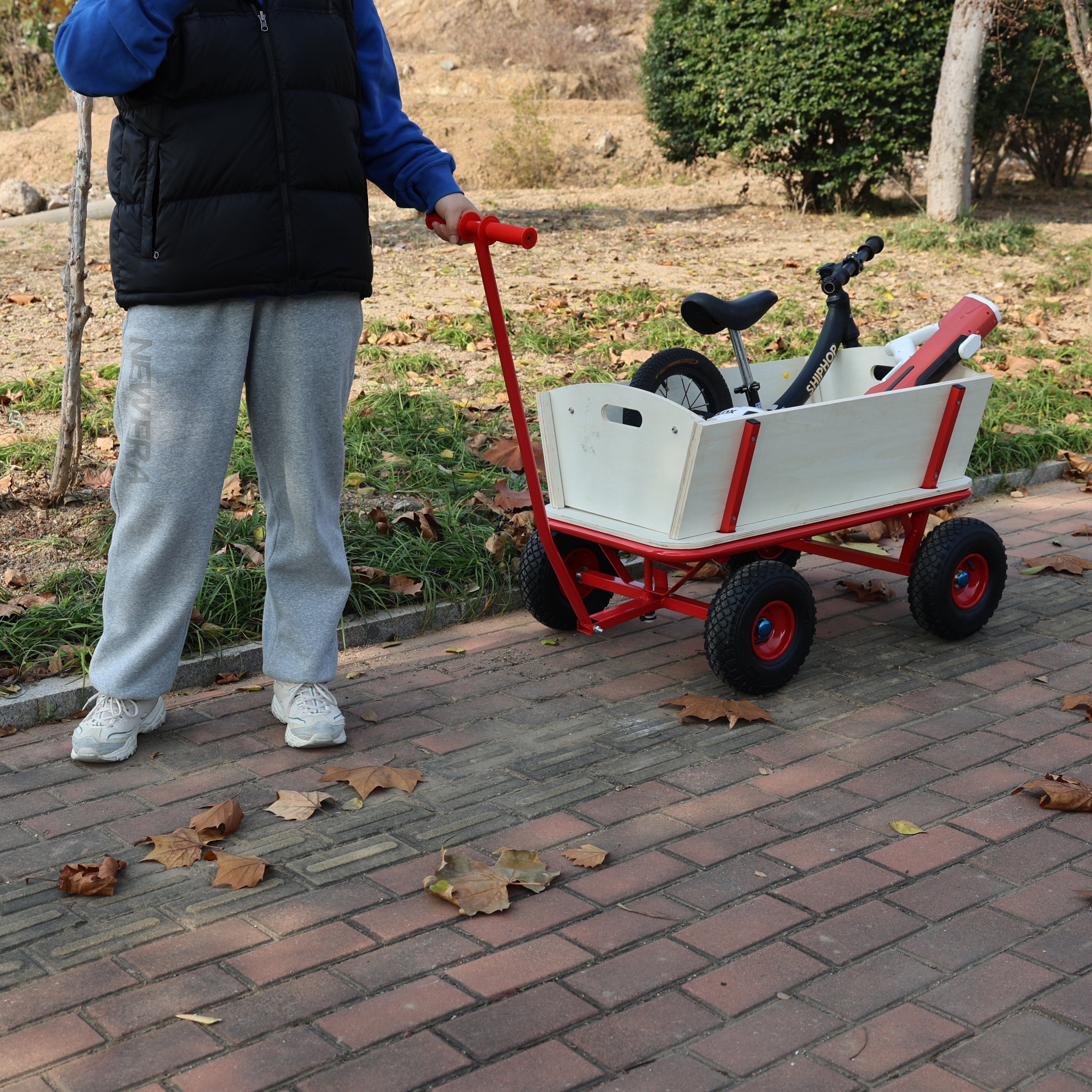 Wooden Children's Outdoor Stroller with Four-Wheel Design