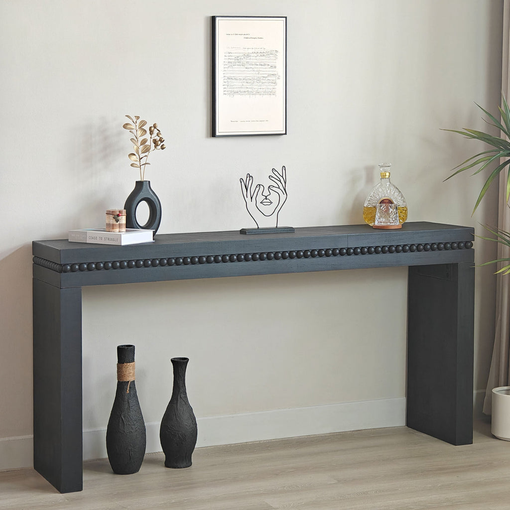 64in Modern Black Wood Console Table – Elegant Entryway Table with Decorative Beaded Trim