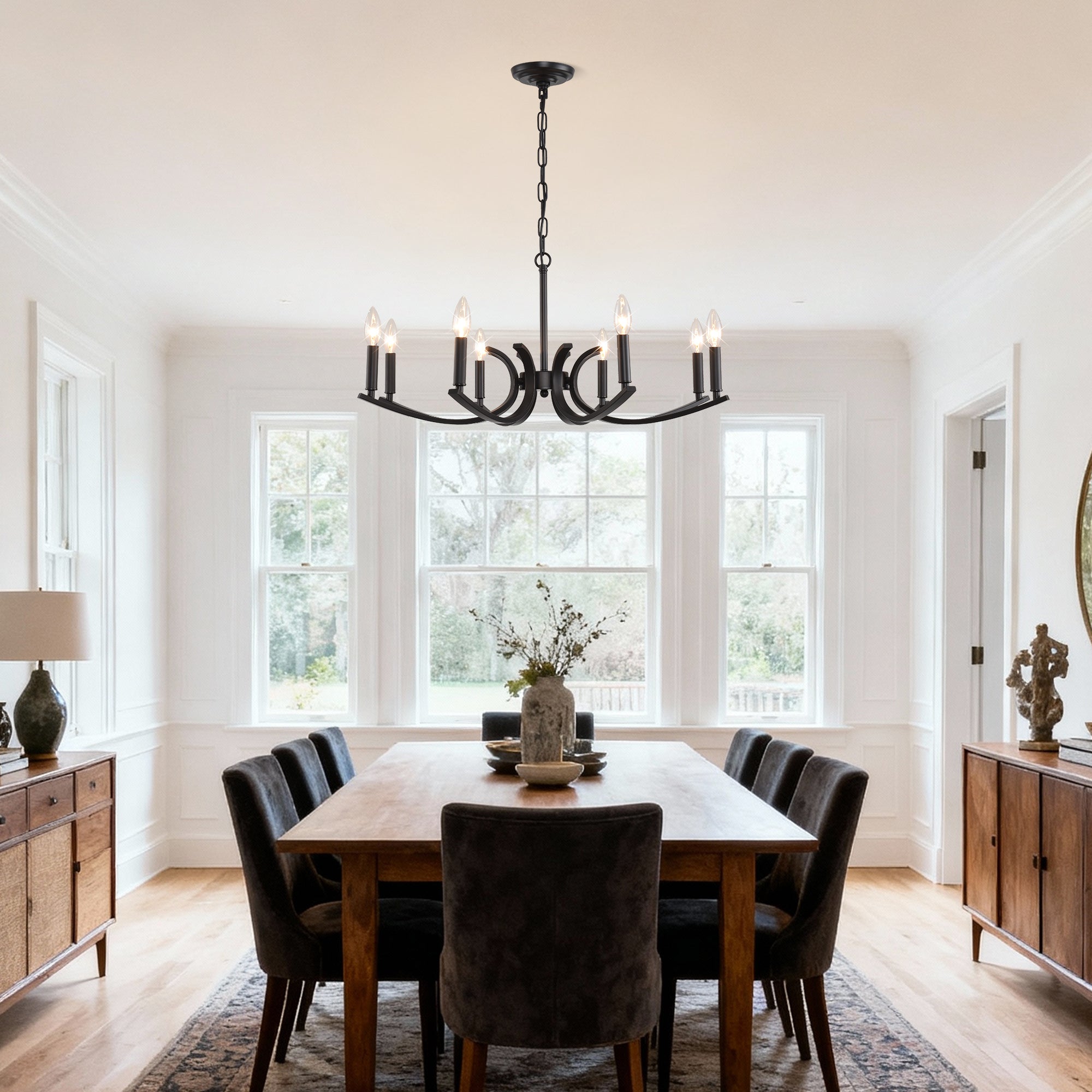 8-Light Farmhouse Chandelier, Black Metal