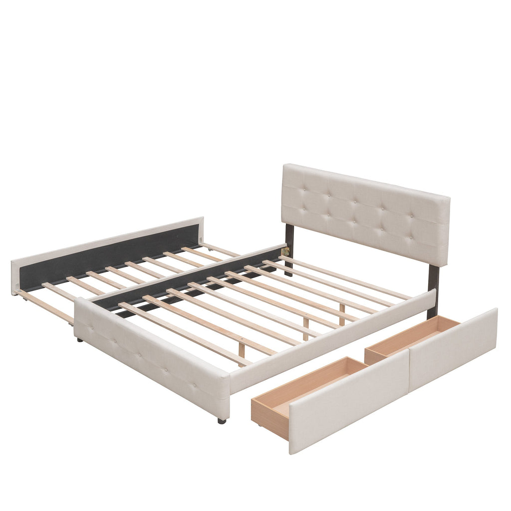 Upholstered Platform Bed with 2 Drawers and 1 Twin XL Trundle,  Linen Fabric, Queen Size - Dark Beige(OLD SKU :LP100314AAA)
