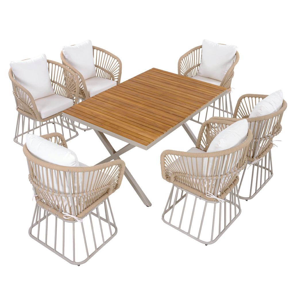 Outdoor 7-Piece Dining Set - Rectangular Teak Wood Table + 6 Wicker Chairs with Cushions