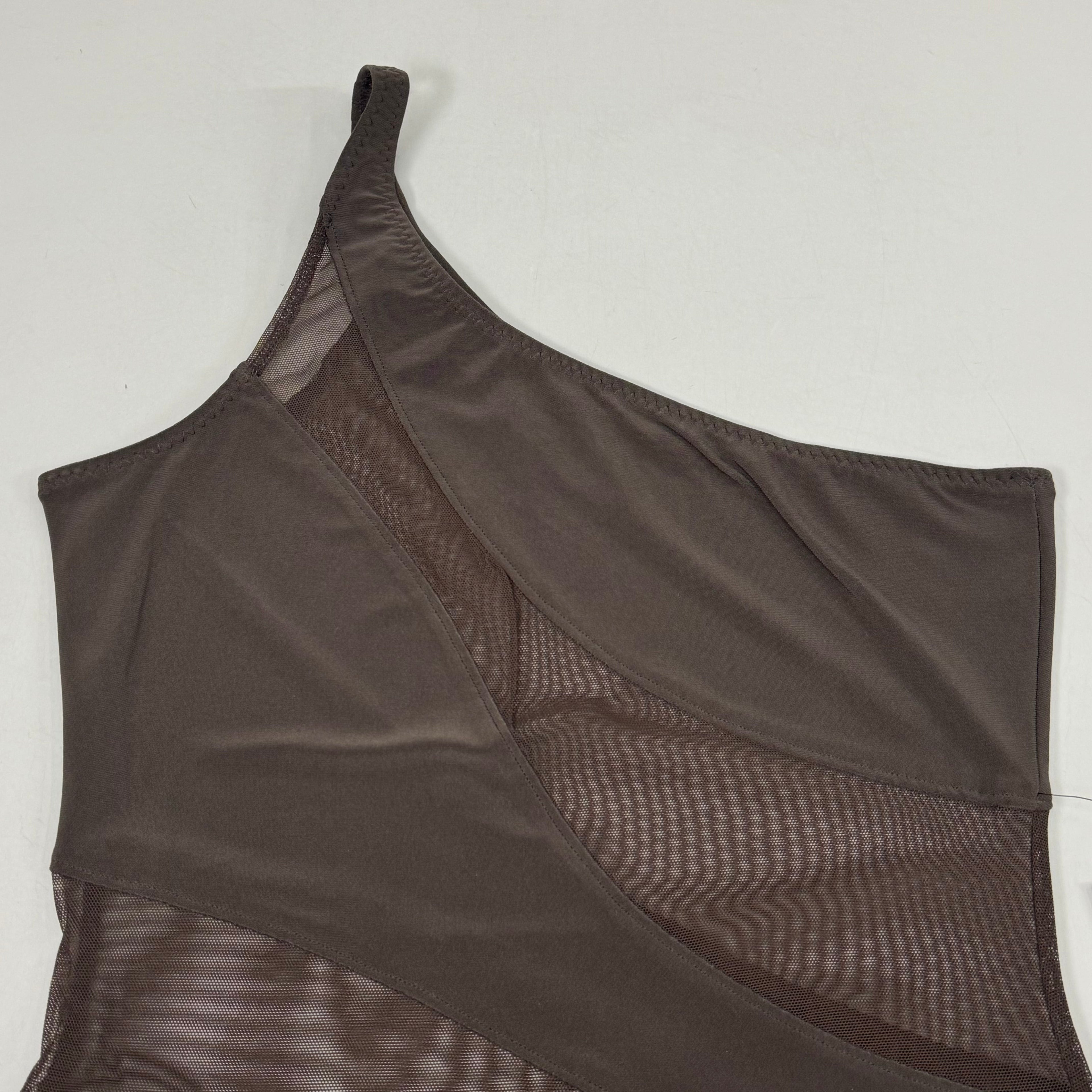 NORMA KAMALI One Shoulder Snake Mesh Catsuit Footsie Women's Sz M/38 Chocolate